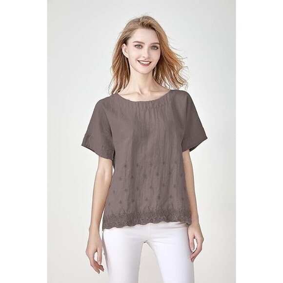 Minibee Women's Summer Linen Tunic Shirt High Low Hem Embroidery Blouse Top L - Picture 1 of 5
